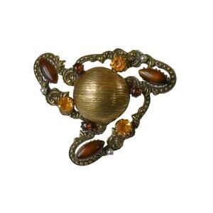 1960s Original by Robert Asymmetrical Brass  Glass Cabs & Rhinestone Pin Brooch